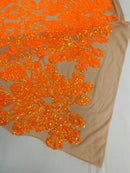 Damask Heart Design - Orange on Nude- Damask with Heart Design Sequins on Mesh By Yard