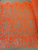 Damask Geometric Sequins - Orange on Nude - 4 Way Stretch Sequins Damask Pattern Design Sold By Yard