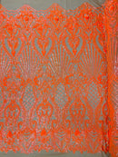 Damask Geometric Sequins - Orange on Nude - 4 Way Stretch Sequins Damask Pattern Design Sold By Yard
