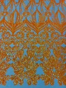 Damask Heart Design - Orange on Nude- Damask with Heart Design Sequins on Mesh By Yard