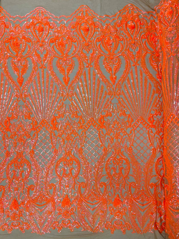 Damask Geometric Sequins - Orange on Nude - 4 Way Stretch Sequins Damask Pattern Design Sold By Yard