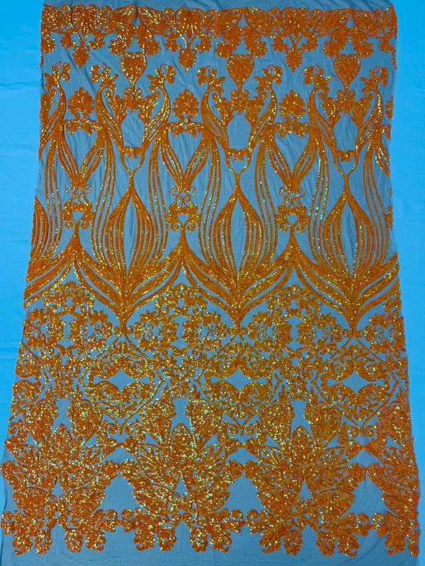 Damask Heart Design - Orange on Nude- Damask with Heart Design Sequins on Mesh By Yard