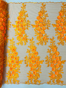 3D Rhinestone Rose Fabric - Orange - Embroidered 3D Roses Design on Mesh Fabric Sold by Yard