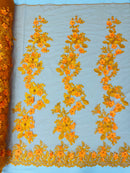 Floral 3D Rose Fabric - Orange - Embroided Rose Flower Design Fabric Sold by Yard