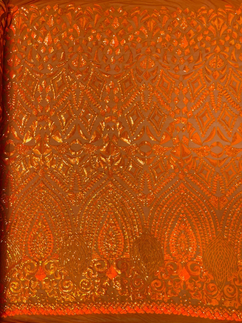 Geometric Pattern Sequins - Orange - 4 Way Stretch Colorful Shine Designer Sequins By Yard