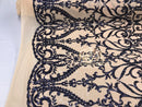 Two Tone Sequins - Navy / Nude - 4 Way Stretch Fancy Design Mesh Fabric Sold By The Yard