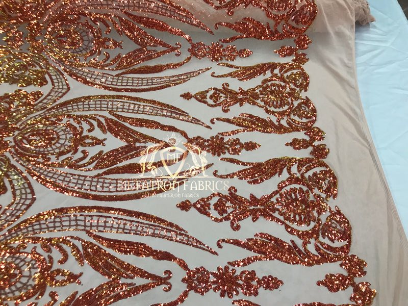 Big Damask Sequins Fabric - Orange - 4 Way Stretch Damask Sequins Design Fabric By Yard