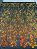 Big Damask Sequins Fabric - Orange Iridescent - 4 Way Stretch Damask Sequins Design Fabric By Yard