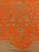 Orange Sequins Fabric on Skin Mesh, DAMASK Design Embroidered on a 4 way Stretch By The Yard