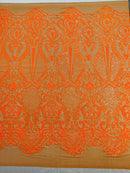 Orange Sequins Fabric on Skin Mesh, DAMASK Design Embroidered on a 4 way Stretch By The Yard