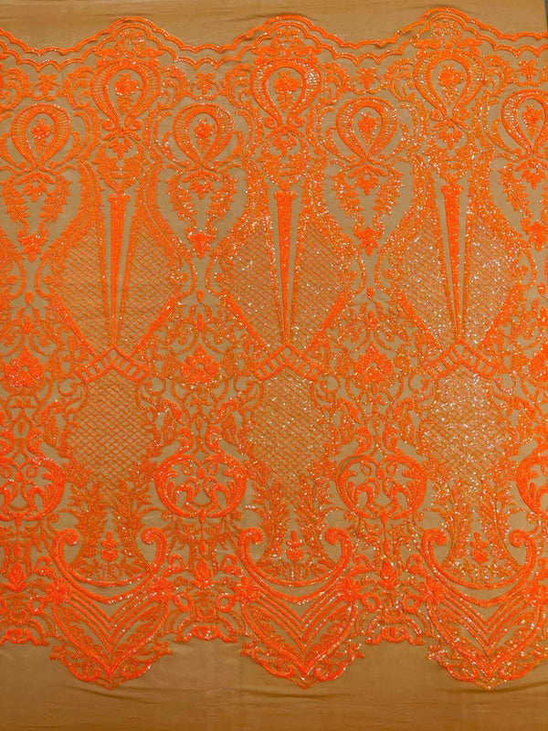 Orange Sequins Fabric on Skin Mesh, DAMASK Design Embroidered on a 4 way Stretch By The Yard