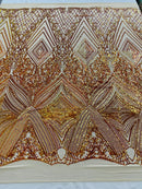 Orange Iridescent Sequins Fabric on Nude Mesh, GEOMETRIC Design 4 way Stretch By The Yard