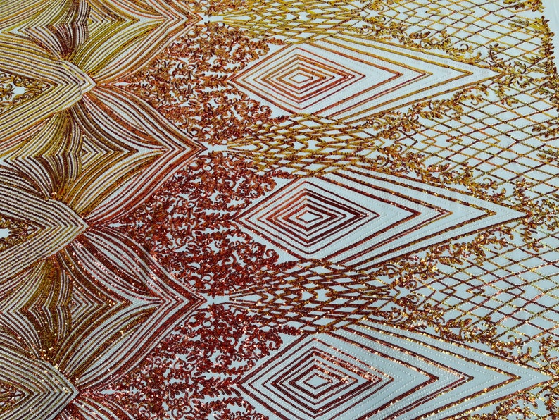 Orange Iridescent Sequins Fabric on Nude Mesh, GEOMETRIC Design 4 way Stretch By The Yard