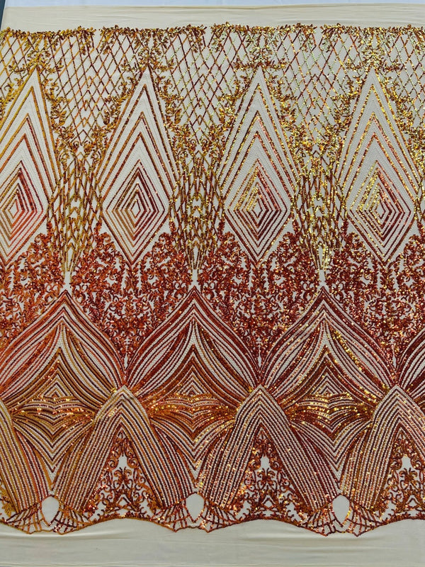 Orange Iridescent Sequins Fabric on Nude Mesh, GEOMETRIC Design 4 way Stretch By The Yard