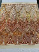 Orange Iridescent Sequins Fabric on Nude Mesh, GEOMETRIC Design 4 way Stretch By The Yard