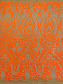 Big Damask Sequins Fabric - Neon Orange Dark Nude - 4 Way Stretch Damask Sequins Design Fabric By Yard