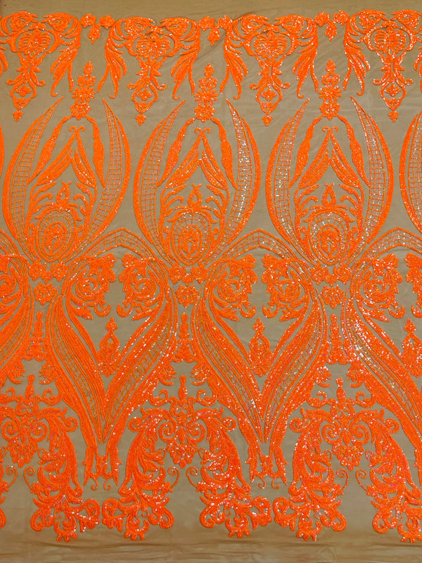 Big Damask Sequins Fabric - Neon Orange Dark Nude - 4 Way Stretch Damask Sequins Design Fabric By Yard