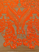 Big Damask Sequins Fabric - Neon Orange Dark Nude - 4 Way Stretch Damask Sequins Design Fabric By Yard