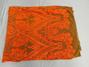 Big Damask Sequins Fabric - Neon Orange Dark Nude - 4 Way Stretch Damask Sequins Design Fabric By Yard