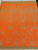 Big Damask Sequins Fabric - Neon Orange Dark Nude - 4 Way Stretch Damask Sequins Design Fabric By Yard