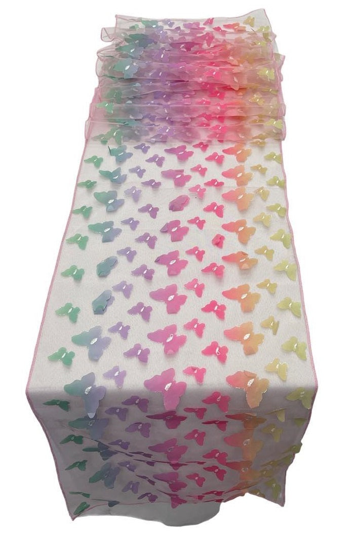 3D Butterfly Table Runner - Pastel Rainbow - 12" x 90" 3D Butterfly Sheer Mesh Table Runner