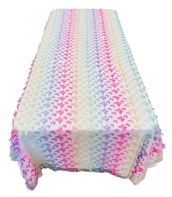 3D Butterfly Tablecloth - Pastel Rainbow - 52" x 102" Inches 3D Butterfly Sheer Mesh Tablecloth