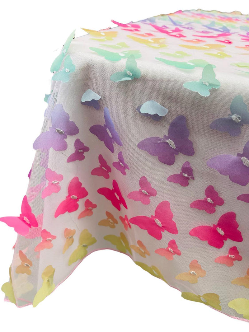 3D Butterfly Tablecloth - Pastel Rainbow - 52" x 102" Inches 3D Butterfly Sheer Mesh Tablecloth