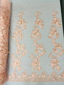 Floral 3D Rose Fabric - Peach - Embroided Rose Flower Design Fabric Sold by Yard