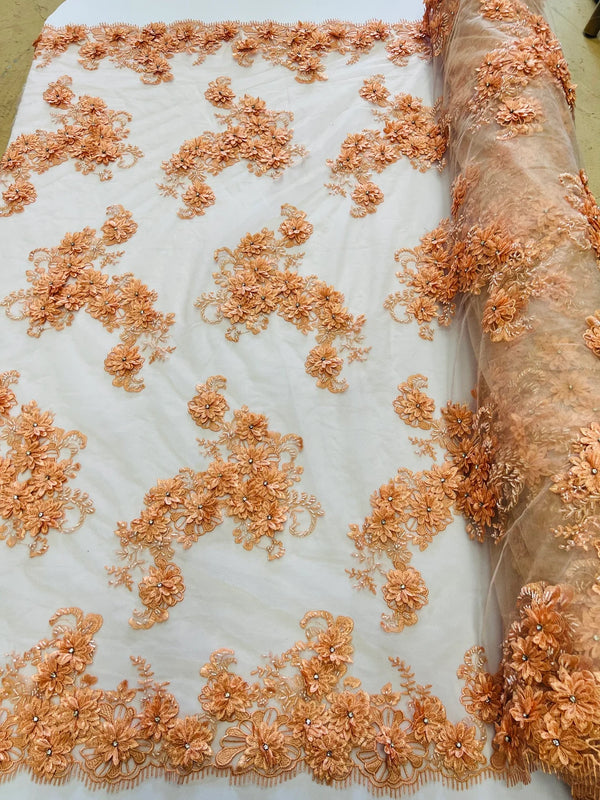 3D Flowers and Rhinestone - Peach - Elegant Realistic Flowers Embroidered On Lace Fabric By Yard