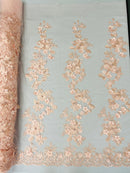 Floral 3D Rose Fabric - Peach - Embroided Rose Flower Design Fabric Sold by Yard
