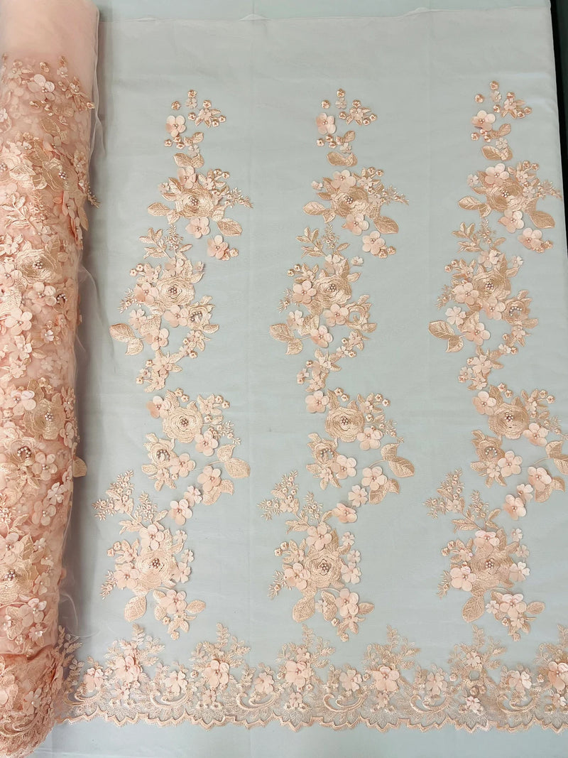 Floral 3D Rose Fabric - Peach - Embroided Rose Flower Design Fabric Sold by Yard