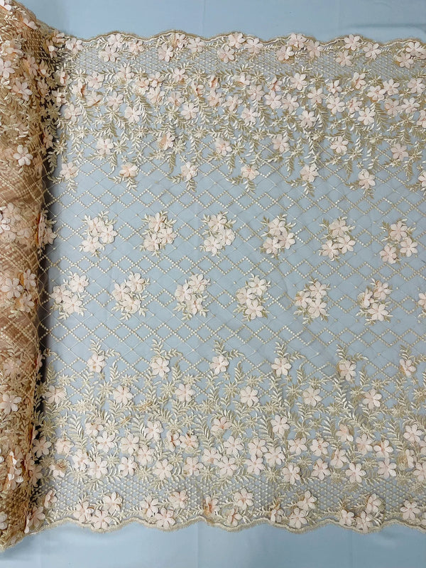 3D Floral Pearl Fabric - Peach - 3D Triangle Flower Design on Mesh By Yard