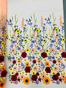 3D Floral and Leaves Embroidery - Peach - Multi Color Flower Design on Mesh by Yard