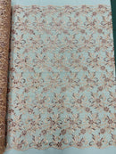 Small Flower Fabric - Peach - Floral Plant Embroidered Design on Lace Mesh By Yard