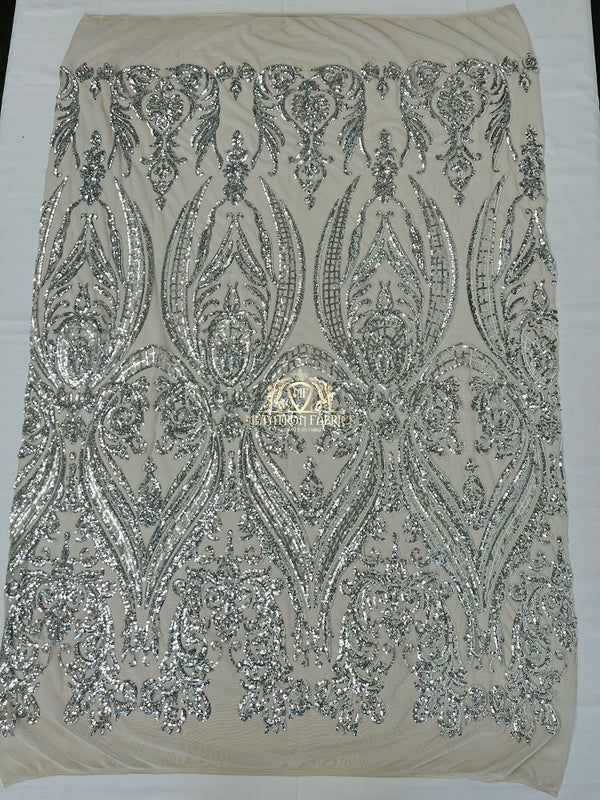 Big Damask Sequins Fabric - Silver - 4 Way Stretch Damask Sequins Design Fabric By Yard