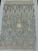 Big Damask Sequins Fabric - Silver - 4 Way Stretch Damask Sequins Design Fabric By Yard