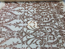 4 Way Stretch - Rose Gold - Sequins Damask Design Fabric Embroidered On Mesh Sold By The Yard