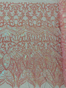 Pink / Coral Iridescent - 4 Way Stretch Embroidered Royalty Sequins Design Fabric By Yard