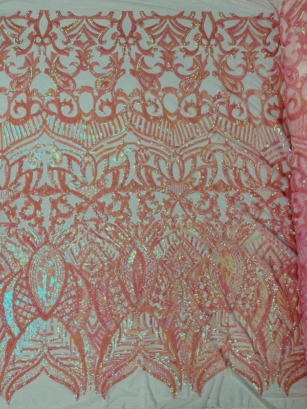 Pink / Coral Iridescent - 4 Way Stretch Embroidered Royalty Sequins Design Fabric By Yard