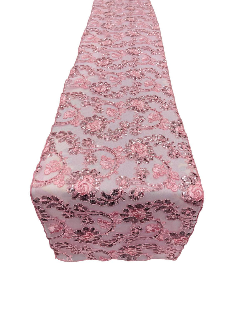 Floral Lace Sequins Table Runner - Pink - 12" x 90" Floral Lace Table Runner