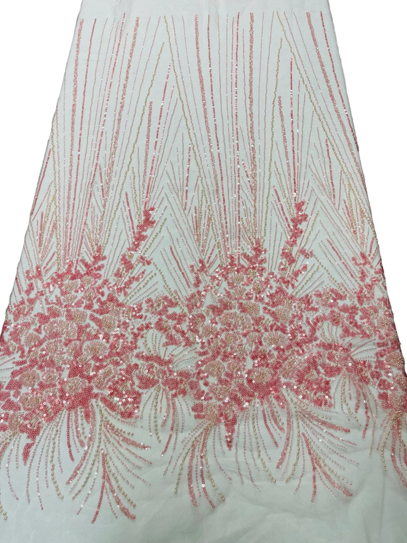 Beaded Floral Line Fabric - Pink  - Beaded Embroidered Lines and Flowers on Mesh By Yard