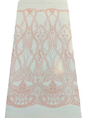 Wavy Design Fabric with Leaves - Pink - Elegant Beaded Design Embroidered on a Mesh Sold By Yard