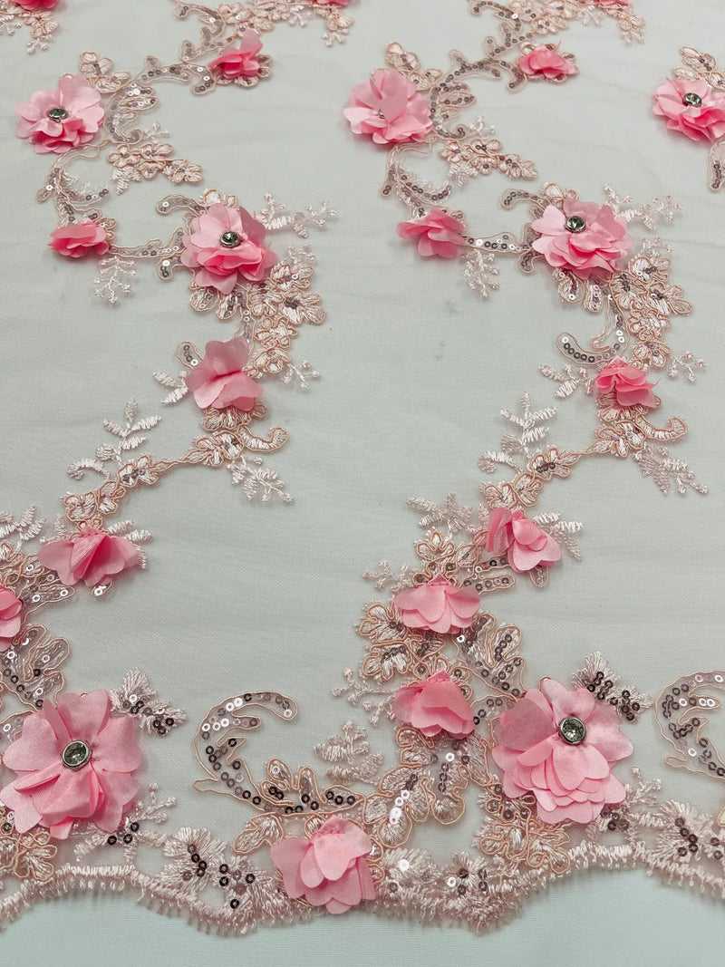 3D Lace Flower Fabric - Pink - Embroidered Sequins and 3D Floral Patterns on Lace By Yard