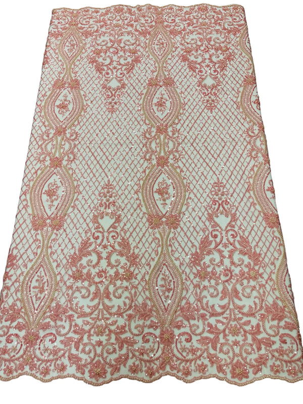 Bead Fashion Damask Fabric - Pink - Beaded Sequins Geometric Design on Mesh Sold By Yard