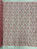 Corded Sequins Flower Lace - Pink - Corded Floral Lace With Sequins Sold By Yard