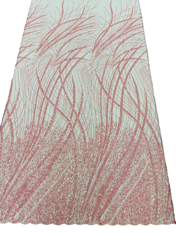Wavy Grass Design Fabric - Pink - Beautiful Beaded Fabric Design Embroidered on a Mesh Lace Sold By The Yard