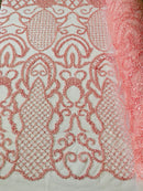 Beaded Fashion Design Fabric - Pink - Beaded Embroidered Damask Style Fabric on Mesh By Yard