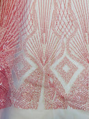 Beaded Diamond Design Fabric - Pink - Beaded Embroidered Diamond Zig Zag Design on Mesh By Yard