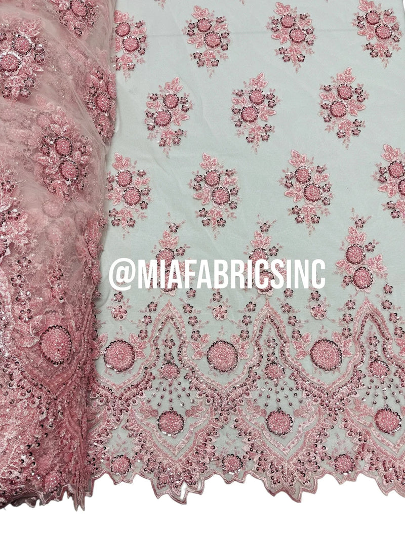 Round Flower Beaded Fabric - Pink - Embroidered Fashion Design Beads and Sequins On Mesh by The Yard