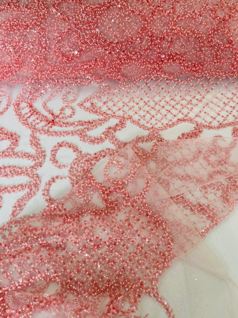 Beaded Fashion Design Fabric - Pink - Beaded Embroidered Damask Style Fabric on Mesh By Yard
